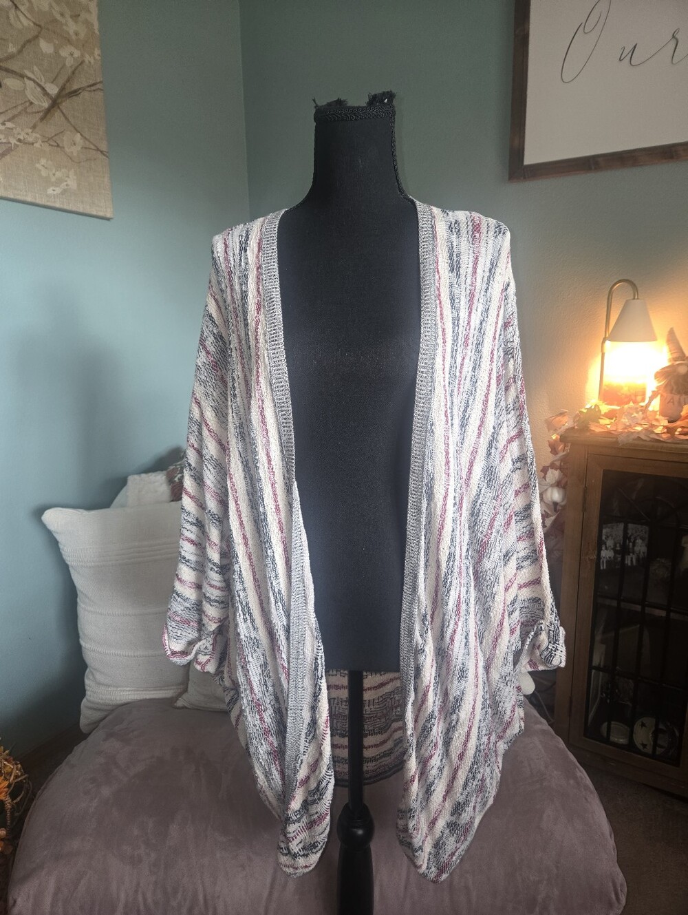 Lucky Brand Open-Front Stripe Cardigan - White, Pink & Blue